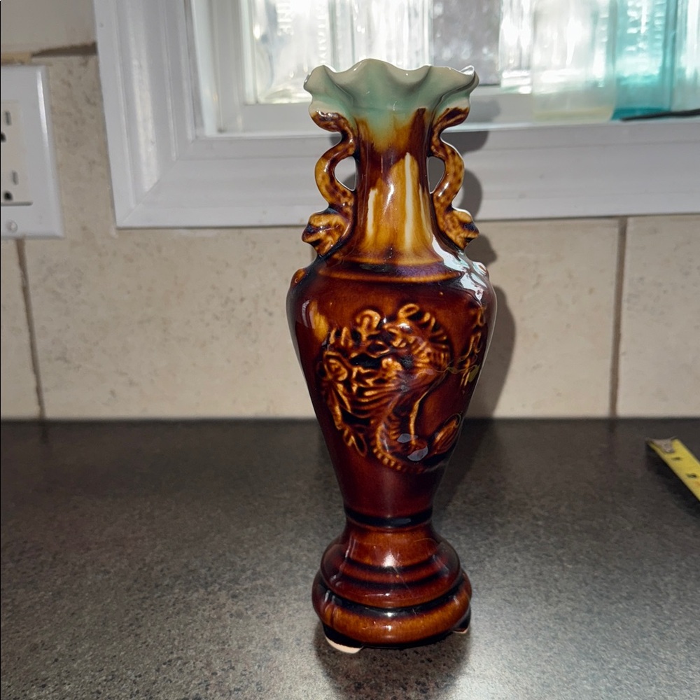 Vintage Majolica-Style Dragon antique vaseflambe glaze mottled appearance